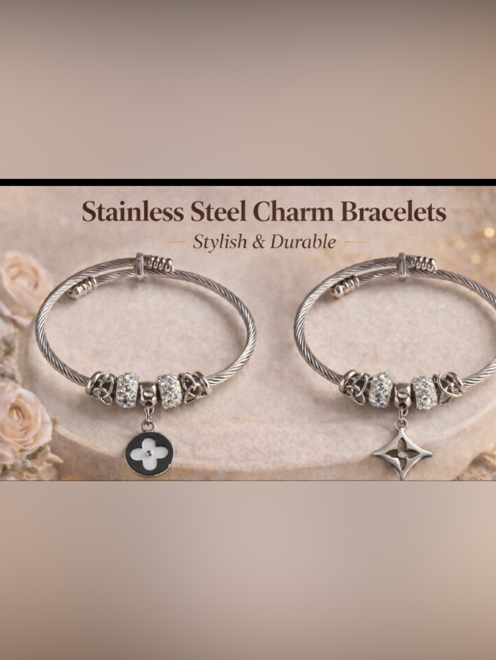 Stainless Steel Charm Bracelet with Black & White Clover Charm- Choose 1